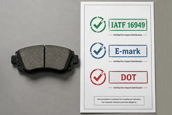 Brake pad certifications IATF 16949 E-mark DOT for importers