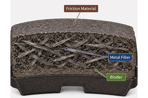 Semi-metallic brake pad cross-section showing metal fiber composition