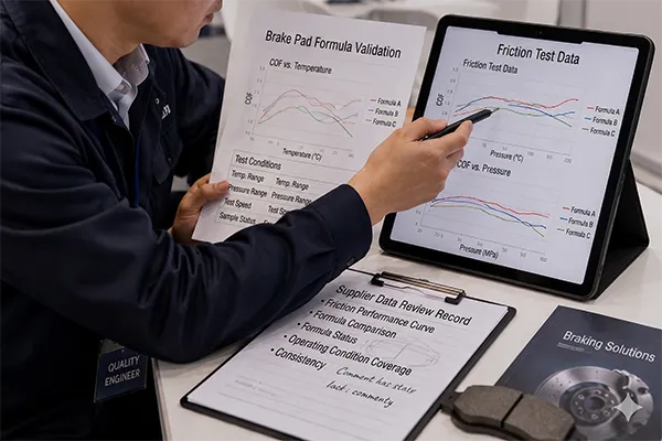 Quality control engineer reviewing friction test data for brake pad formulation validation