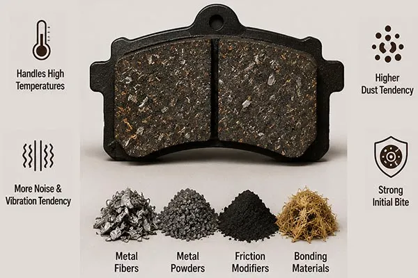 Semi-metallic brake pad structure and metallic fiber composition