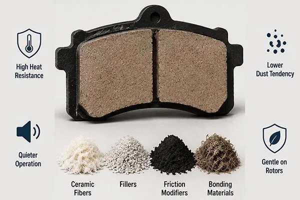 Ceramic brake pad composition and low-dust performance