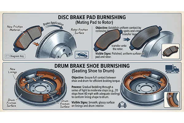 disc pad versus brake shoe burnish