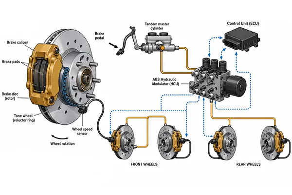 fixed brake caliper working principle in a car brake system