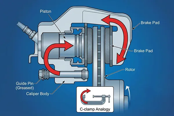 How a sliding brake caliper moves and clamps the rotor how a sliding brake caliper works on guide pins