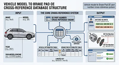 Vehicle model to OE part number cross-reference system OE cross-reference database structure