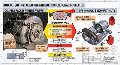 Caliper bracket fitment failure and backing plate incompatibility Brake pad installation failure due to dimensional mismatch
