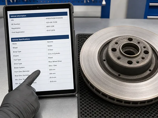 Checking vehicle configuration before selecting brake disc size vehicle application data used to verify brake disc size